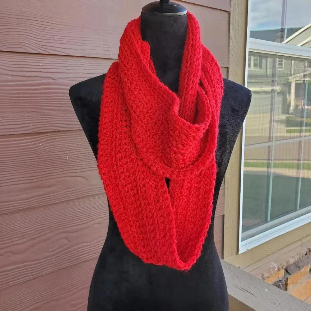 Handmade Crocheted Red Women's Winter Infinity Scarf